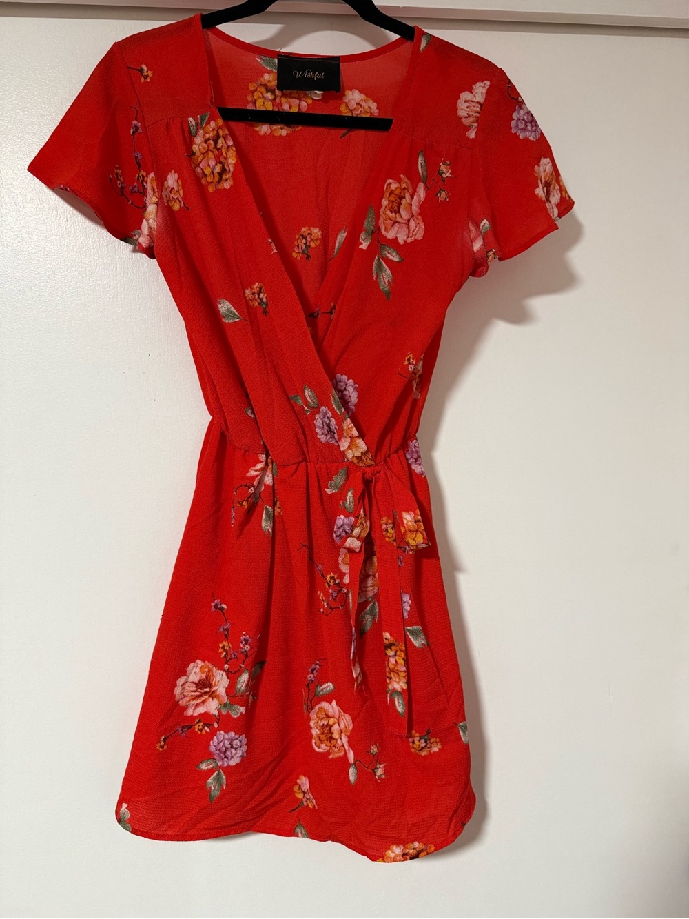 Red Floral Tie-Waist Mini Dress